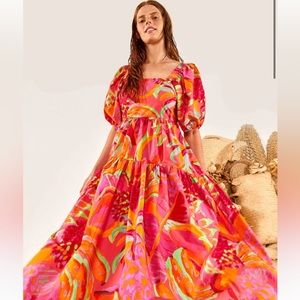 Farm Rio Fruit Brush Puff Sleeve Midi Dress